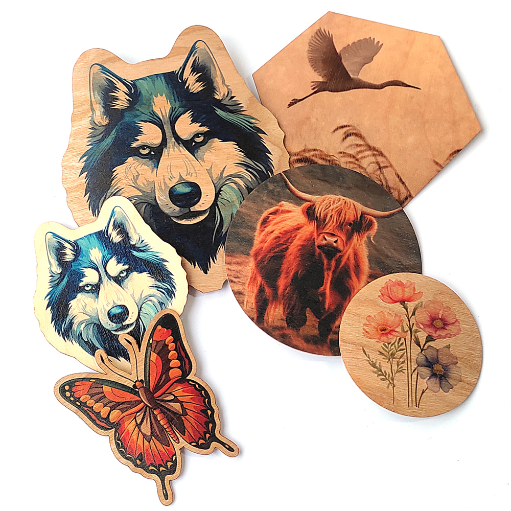 Zelfklevende vormen stickers Hout  0,5 mm Esdoorn of Eiken! Fc bedrukking en lasergesneden.