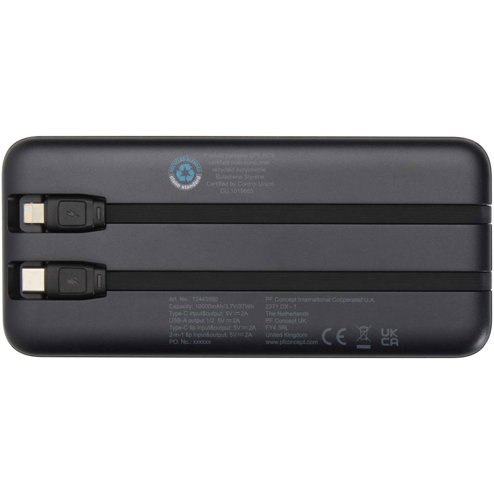 Adhil powerbank van 10.000 mAh 10 W van gerecycled plastic met 2 ingebouwde kabels