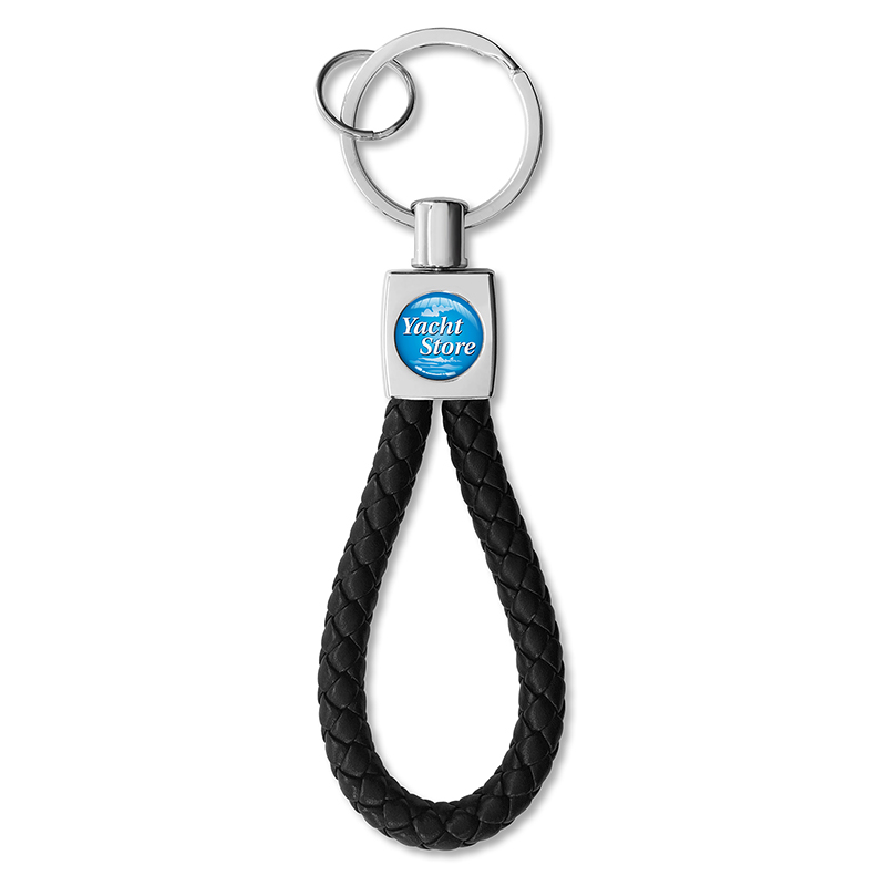 Luxe zilveren sleutelhanger met lus van touw en dominglabel Ø12,8 mm