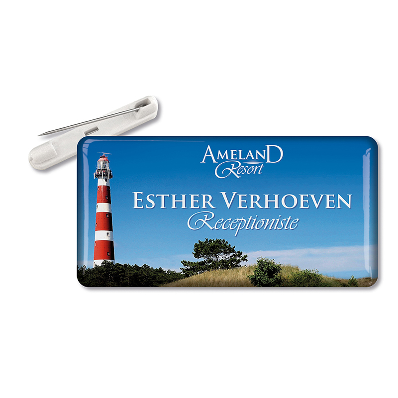Rechthoekige Naambadge 80 x 40 mm met dominglabel en speldsluiting