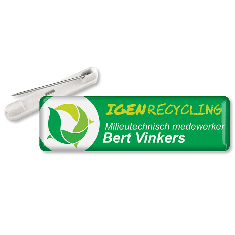 Rechthoekige Naambadge 70 x 20 mm met dominglabel en speldsluiting